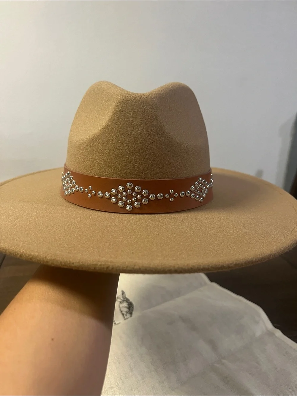 Womens Studded Beige Fedora Hat with Leather Band